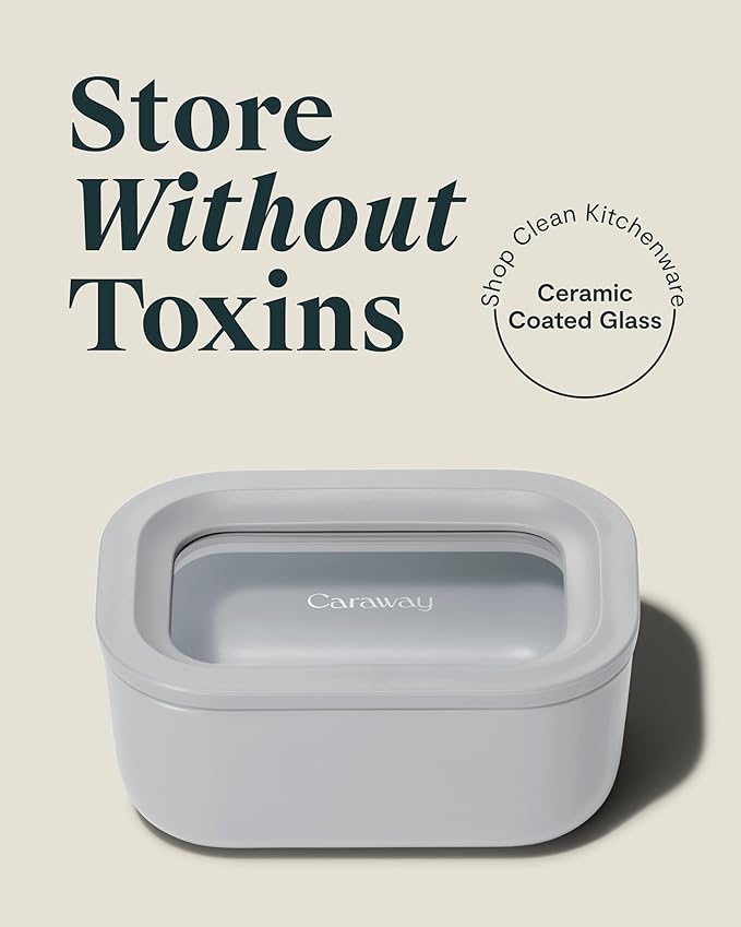 Caraway Mini Rectangle Food Storage Container - 2.6 Cup Glass Storage Container for Food - Non-Toxic Ceramic-Coated Glass - Air Release Technology - Compact & Stackable Design - Gray-NeatNest