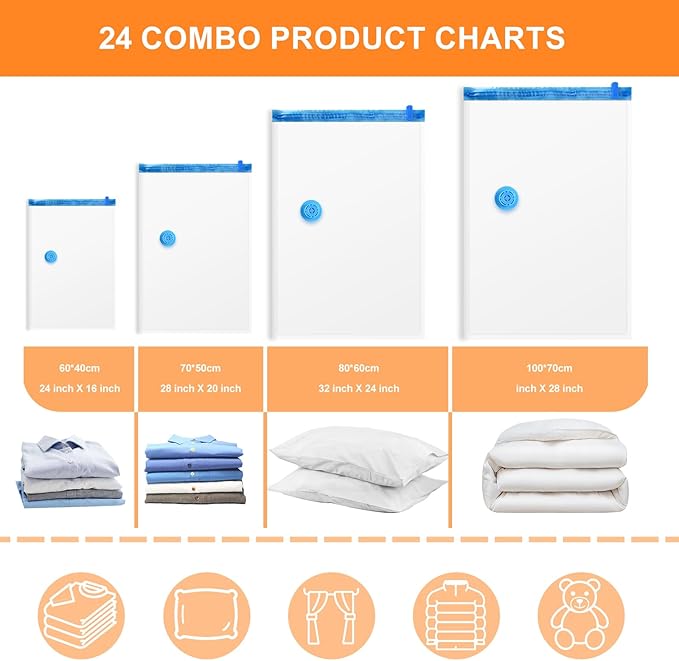 24 Pack Vacuum Storage Bags, Space Saver Bags, Compression for Comforters and Blankets, Plush Toy, Sealer Clothes Storage (5 Jumbo/5 Large/5 Medium/5 Small/4 Roll) Electric Vacuum Pump Included-NeatNest