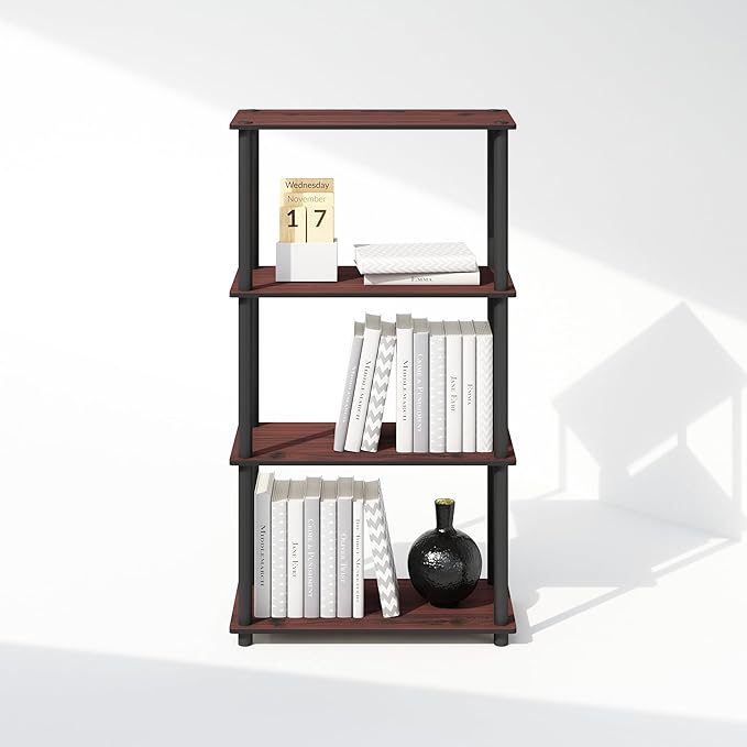 Furinno Turn-N-Tube 4-Tier Multipurpose Bookshelf, Bookcase, Dark Cherry/Black-NeatNest
