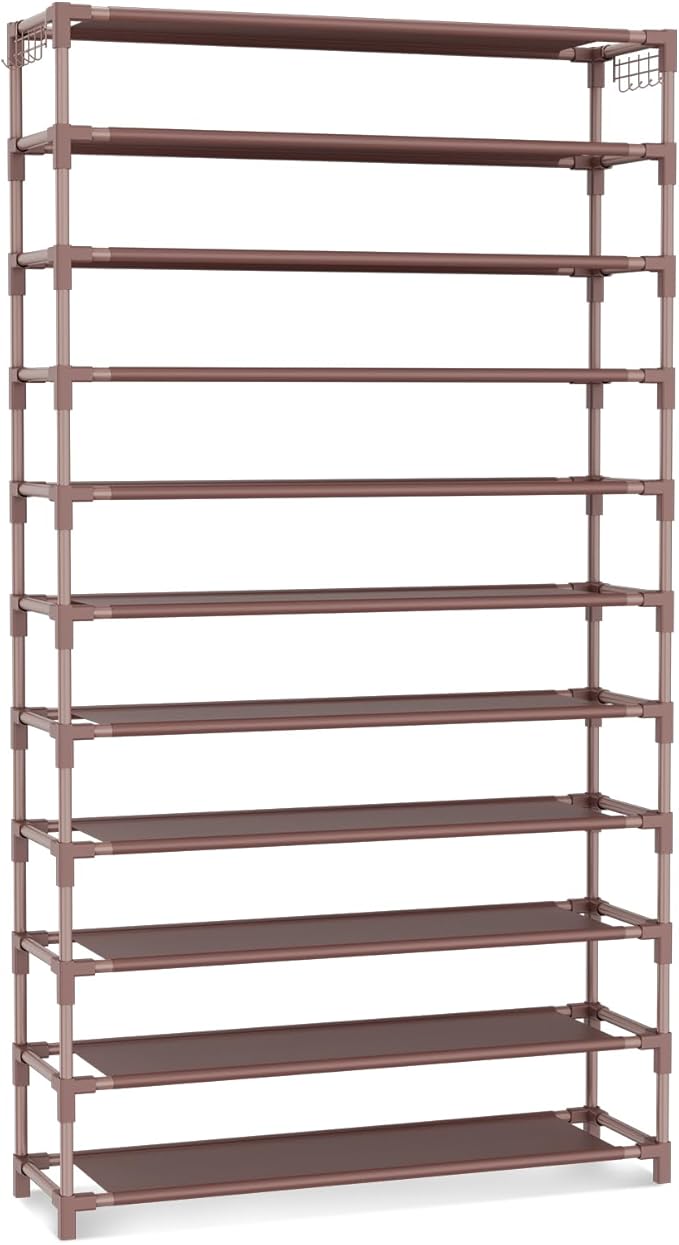 11 Tiers Tall Wide Shoe Rack 55 Pairs Large Capacity Sturdy Durable Shoe Rack for Closet Metal Shoe Organizer Shelf with Two Hooks Space Saving for Entryway Brown-NeatNest