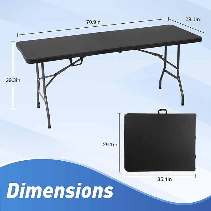 6ft Folding Table, Heavy Duty Foldable Table with Handle, Portable Fold-in-Half Utility Tables for Indoor & Outdoor Use Perfect for Camping BBQ Party Wedding Market Events, Black-NeatNest