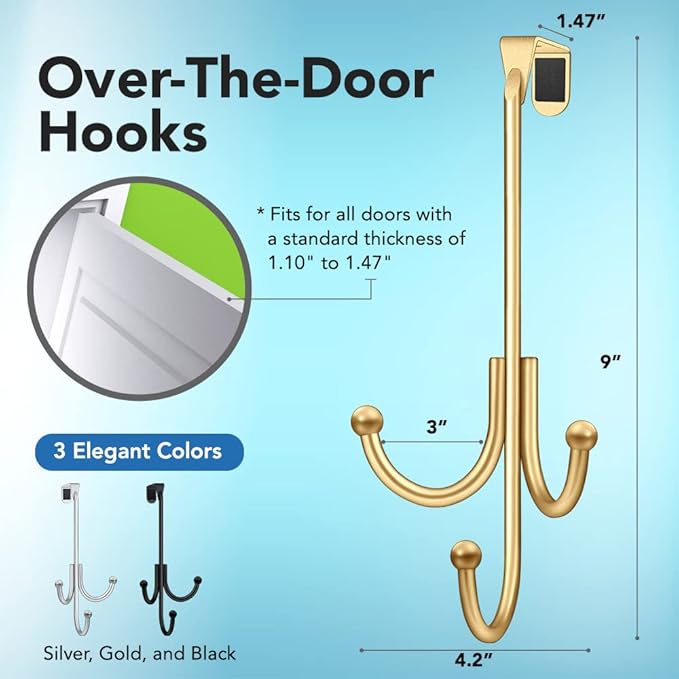 2-Pack Over The Door Hook - with 3 Hang Heads & Snug Fit Pads- 2Pcs Heavy Duty Hooks for Hanging Coats, Towels, Caps & Robes - Elegant Matt Finish - No Drill Hanger Organizer - Gold