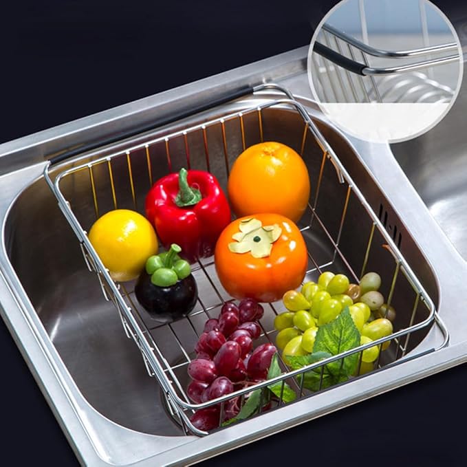 Stainless Steel Sink Strainer Drain, Telescopic Drain Basket with Adjustable Armrest, Kitchen Rack Drain Basket, Over The Sink Dish Drying Rack,Deep and Large- Rustproof