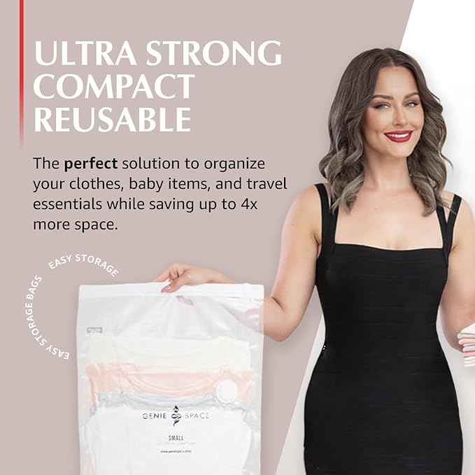 GENIE SPACE Small Vacuum Storage Bags - Pack of 6, 24x16in | Compact Size & Strong Space Saving Bags | Premium Airtight & Reusable Vacuum Bag for T-Shirts, Underwear, Towels & More | inc Travel Pump-NeatNest