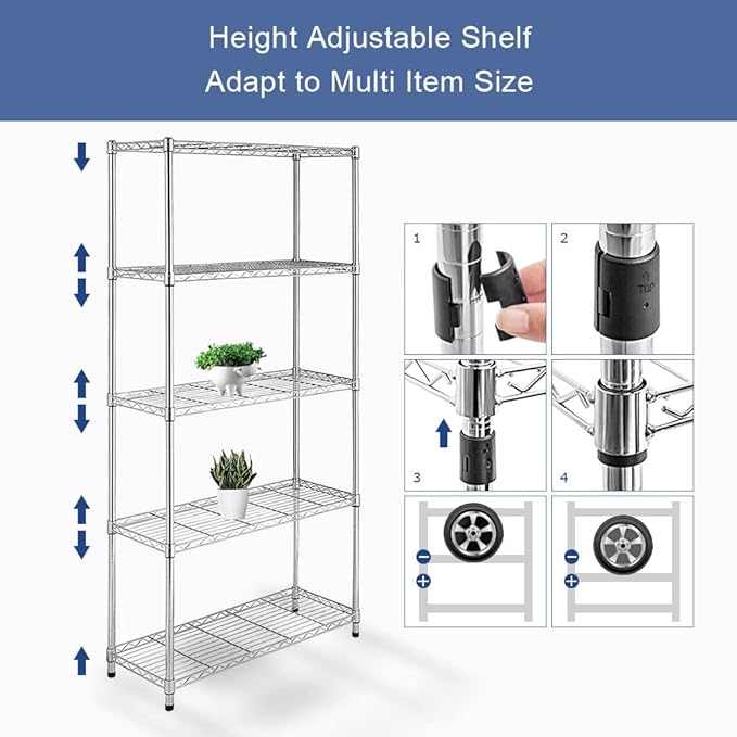 BNSPLY 5 Tier Wire Shelving Unit, Height Adjustable Wire Shelves with NSF Certified, Metal Storage Rack Shelf Unit for Laundry, Kitchen, Bathroom, Pantry, Closet (14" D x 35.5" W x 71" H, Chrome)-NeatNest