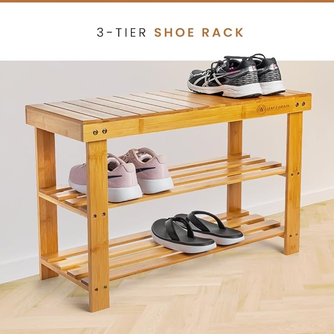 Leaf & Grain Bamboo Shoe Rack - Shoe Storage Bench for Front Door Entrance - Entryway Bench with Shoe Shelf, Shoe Storage Organizer, Wooden Shoe Rack, Durable Shoe Bench for Home (Brown)-NeatNest