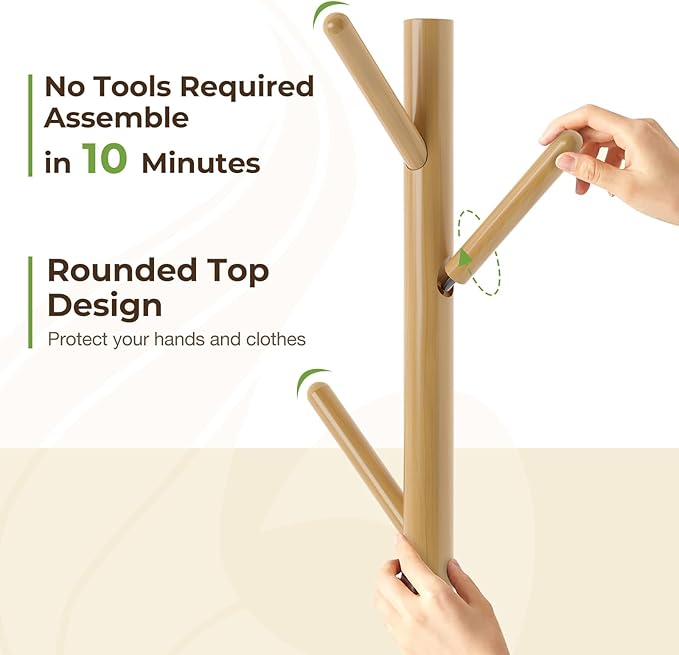 GREENSTELL Coat Rack with 8 Hooks, Wooden Coat Rack Freestanding with Shelf, Coat Tree with 4 Height Options 50.5"-72.6", Coat Hanger Stand for Bags, Clothes, Umbrellas, Hats, in Home, Natural-NeatNest