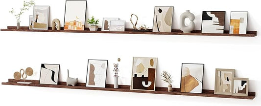 Floating Picture Ledge Shelves for Wall Set of 2, 95 Inches Picture Ledge Shelf with Long Large Nursery Book Shelf for Toys Storage Kids Bookshelf Wall Mounted Living Room Bedroom Decor Frames, Walnut-NeatNest