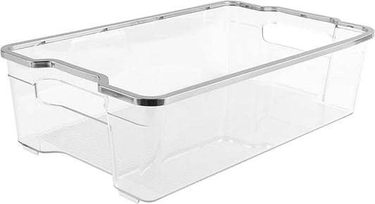 SIMPLEMADE Clear Refrigerator Organizer Bins - Clear Bins for Fridge, Containers for Fridge and Freezer, Multipurpose Storage for Kitchen, Office, Bathroom, Silver Rim (8.5" x 14.6")