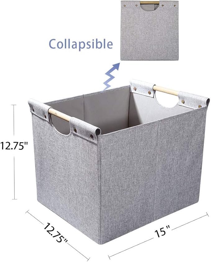 HOONEX Large Foldable Storage Bins, Linen Fabric, 2 Pack, with Wooden Carry Handles and Sturdy Heavy Cardboard, for Home, Office, Car, Nursery, Light Grey