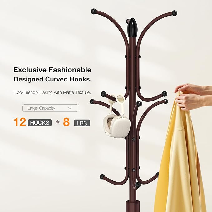 Coat Rack Freestanding,12 Hooks Metal Coat Racks with Umbrella Holder,Sturdy Hall Rree,Easy Assembly Coat Rack Stand for Hanging Scarf,Purse,Hats,Jacket(Brown)-NeatNest