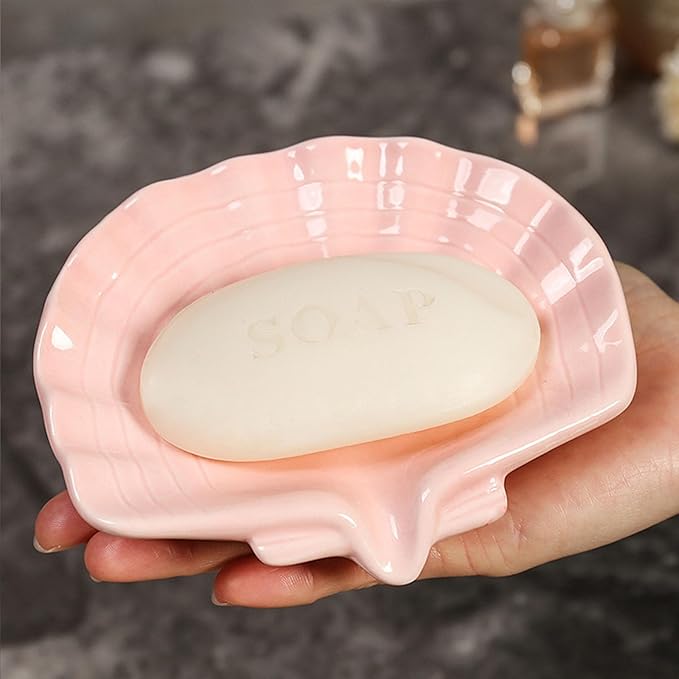 Ceramic Soap Holder, Sea-Shell Soap Tray with Self Draining, Soap Tray for Sink Washroom Bathroom Shower, Small Cute and Elegant Holder with Glaze, Easy Cleaning (Pink)-NeatNest