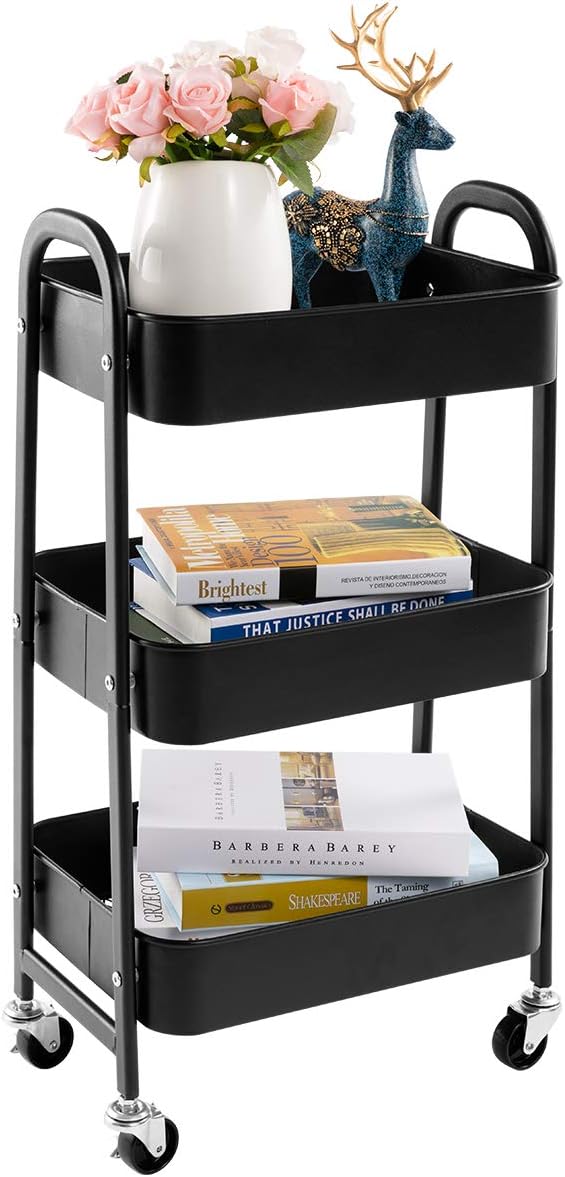 AGTEK Makeup Cart, Movable Rolling Organizer Cart, Black 3 Tier Metal Utility Cart-NeatNest