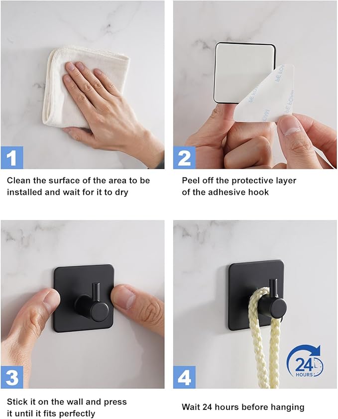 4 Pack Adhesive Hooks, Black Towel Hook for Bathrooms, Heavy Duty Stainless Steel Wall Hook, Waterproof Stick on Hook, Hooks for Hanging Robe, Key, Coat, Clothes