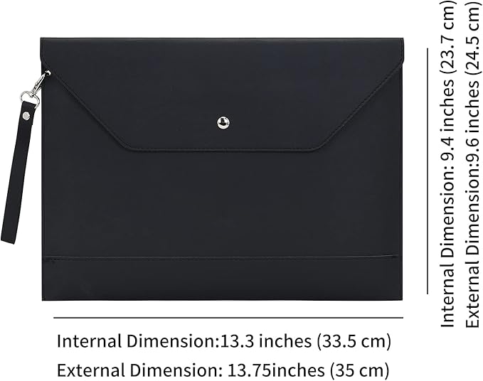 Wonderpool Envelope Case A4 PU Leather File Jacket Pocket Folder Document Case Bag with Removable Hand Strap and 4 Pocket for Documents Tablet Phone Stationery (Black)