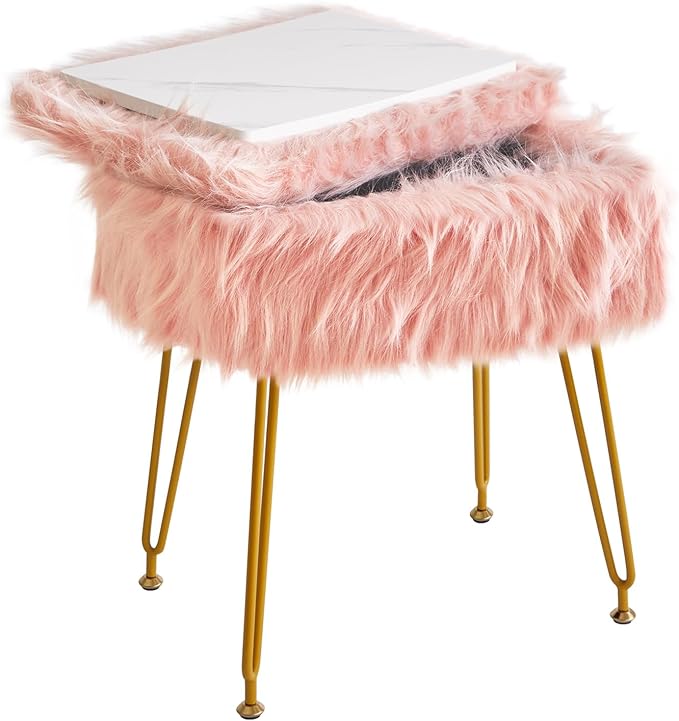 IBUYKE Rectangular Faux Fur Vanity Stool with Storage, Furry Makeup Chair Ottoman, Soft Padded Seat, Round Footrest Footstools with 4 Metal Legs, for Living Room Bedroom Entryway, Pink WBD022P
