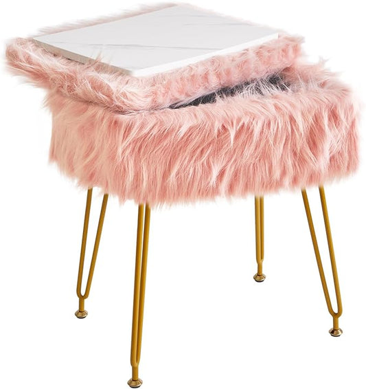IBUYKE Rectangular Faux Fur Vanity Stool with Storage, Furry Makeup Chair Ottoman, Soft Padded Seat, Round Footrest Footstools with 4 Metal Legs, for Living Room Bedroom Entryway, Pink WBD022P