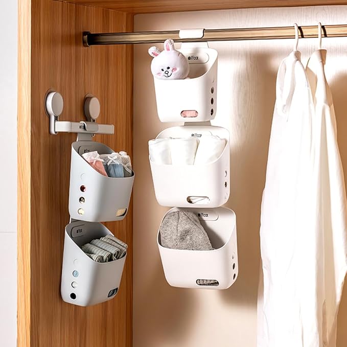 LeleCAT Plastic Hanging Basket Kitchen Storage organizer, Basket with Detachable hook, Hang it behind a door or on a railing, Over the Cabinet Door (White, Large-2 Pack)
