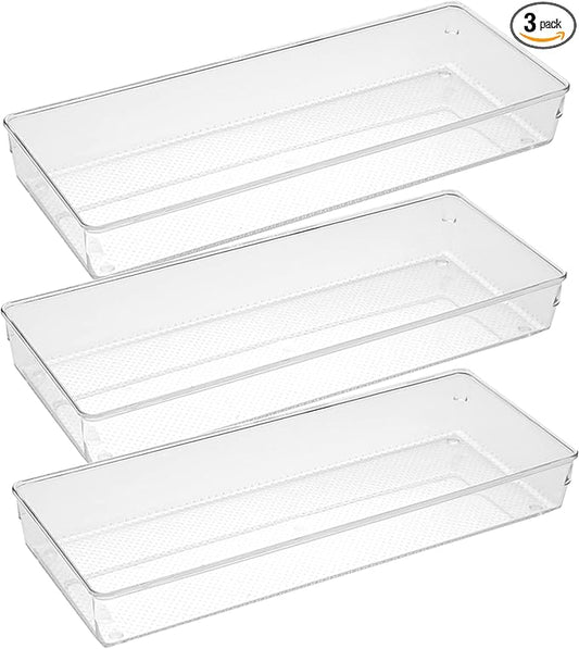 ihomecooker 3 Pack Clear Plastic Drawer Organizer Tray Cutlery Utensil Makeups Drawer Organizers 15" X 6"-NeatNest