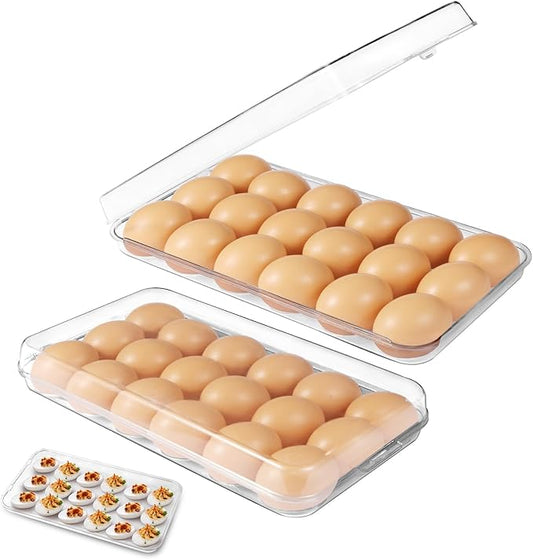Egg holder for fridge - deviled egg containers with lid, Clear Stackable Plastic Egg Holder, Space-Saving 18 Egg refrigerator Organizer (Clear, Pack of 02)