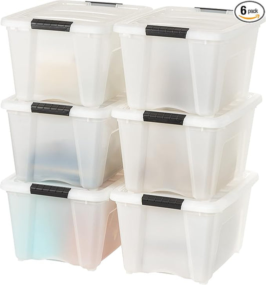 IRIS 588248 32 Quart Clear Stack and Pull Storage Container Box Bin System with Secure Latching Lids for Home, Closet, or Office (6 Count)