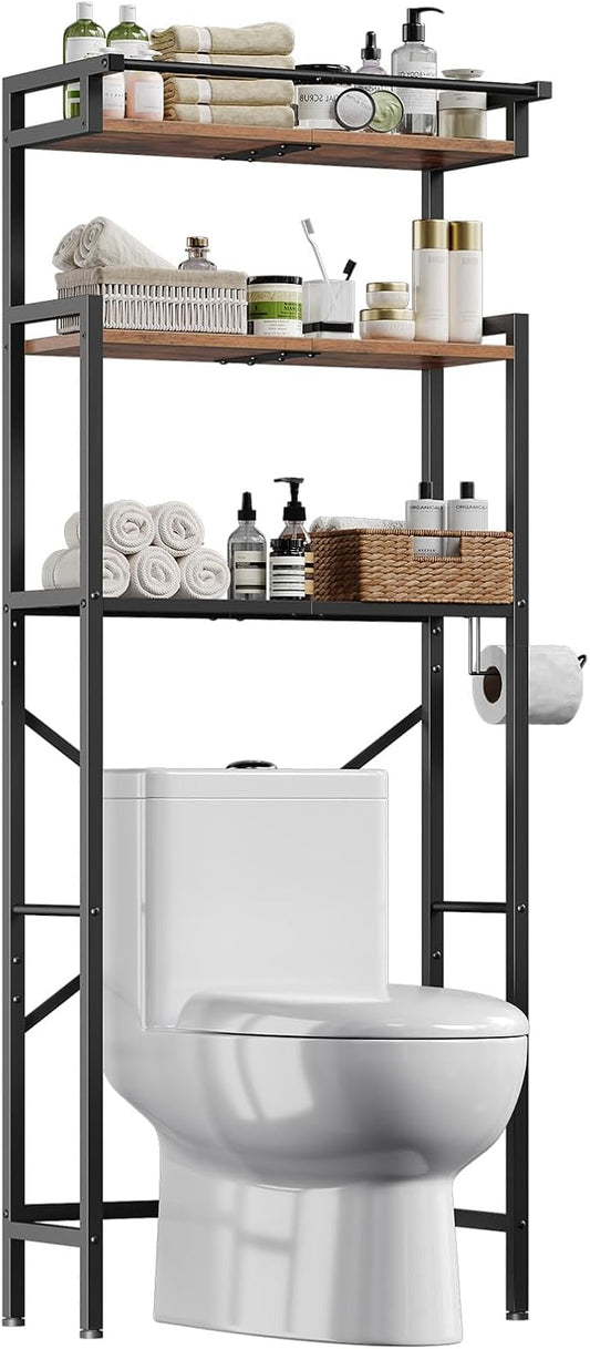 HOOBRO Over-The-Toilet Storage Rack, 3-Tier Bathroom Shelves Above Toilet, Bathroom Organizer with Toilet Paper Hook, Laundry Room, Space Saver, Rustic Brown and Black BF21TS01