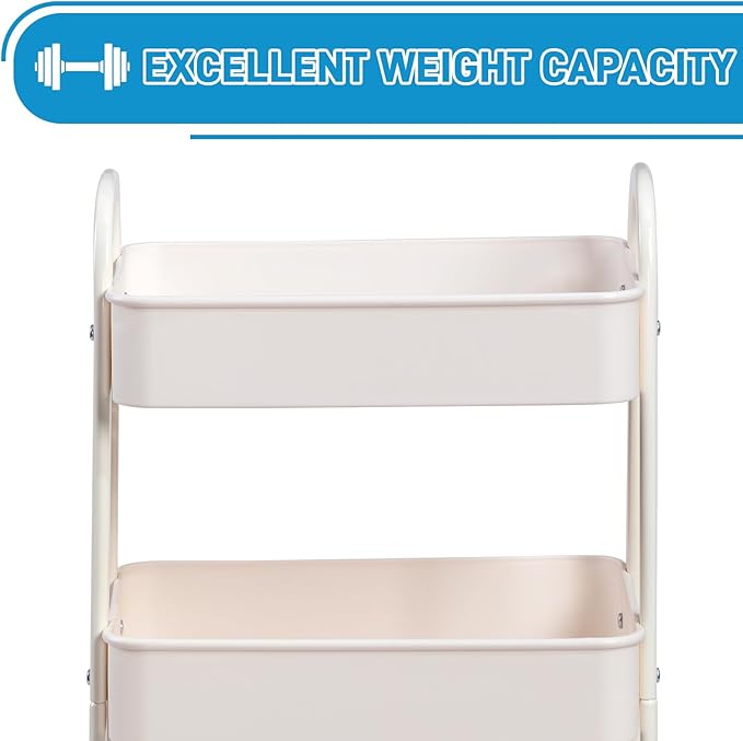 AGTEK 3-Tier Rolling Carts with Wheels, Rolling Utility Cart with Iron Frame for Kitchen, Plastic Shelves, Living Room, Office, White