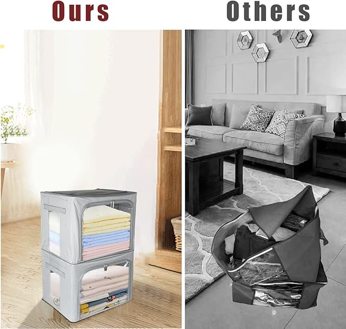 Clothes Storage Box Bins Stackable Foldable Organizer with Metal Frame for Clothing Bedding Shelves,Closet Container with Clear Window Zipper and Label Holder (Gray,Small-40L x3 Pack)-NeatNest