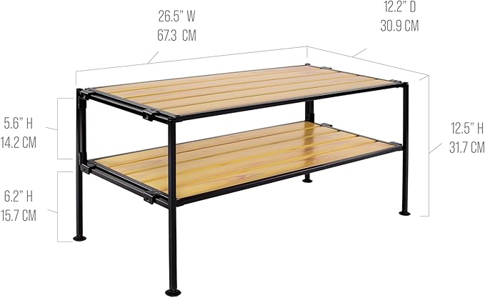 Seville Classics Sturdy Freestanding Storage Shelf for Bedroom, Closet, Entryway, Dorm Room Organizer Stackable Durable Metal Shoe Rack Countryside Aspen Slat, 2-Tier-NeatNest