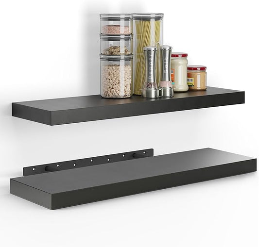 BATODA Set of 2 24" Acacia Floating Shelves Wall Mounted for Bathroom – Rustic Farmhouse Wooden Wall Storage Shelf Bedroom, Kitchen, Home Décor - Brackets and Shelving Mounting (Black, 24 Inch)-NeatNest