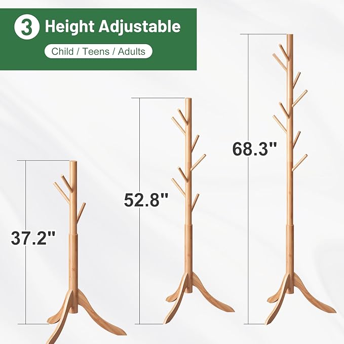 Coat Rack Freestanding, Bamboo Wood Coat Stand with 8 Hooks,3 Adjustable Size,Easy Assembly NO Tools Required, Coat Tree Hanger Stand for CoatsScarves in Hallway-NeatNest