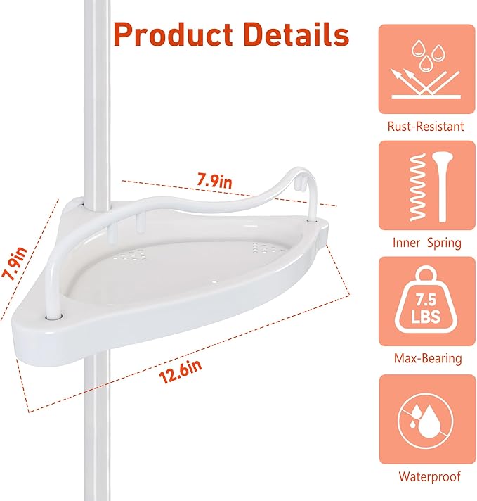 Corner Shower Caddy with Tension Pole, Rustproof ABS Shower Shelves with 56-125 Inch Steel Poles, Drill Free Shower Organizer, 4 Layer Adjustable Shelves, Silver