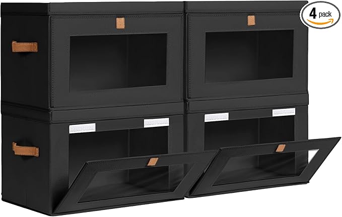 Collapsible Storage Bins - Large Stackable Organizer Bins, Decorative Boxes with Handles & Window, Fabric Containers for Living Room, Closet, Dorm, 4 Pack, Black-NeatNest