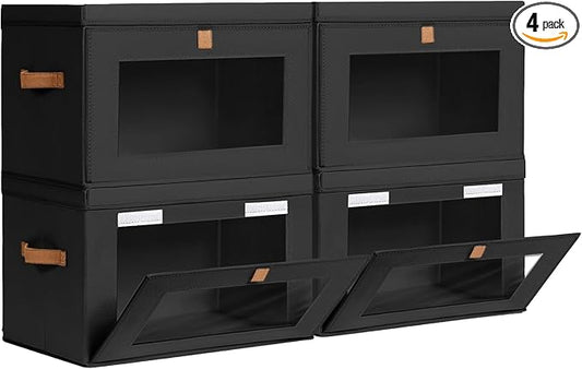 Collapsible Storage Bins - Large Stackable Organizer Bins, Decorative Boxes with Handles & Window, Fabric Containers for Living Room, Closet, Dorm, 4 Pack, Black-NeatNest