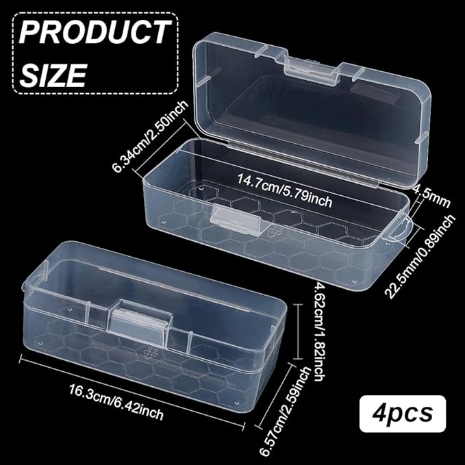 BENECREAT 4 Packs Rectangle Plastic Container Box, 6.4x2.6x1.8inch Clear Storage Organizer with Hinged Lid and Hanging Hole for Small Craft Accessories Office Supplies-NeatNest