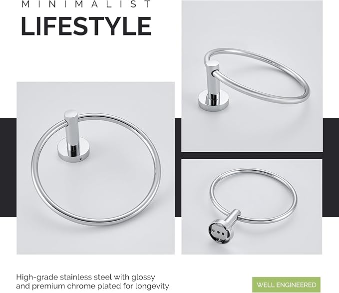 Bath Towel Ring Chrome, Angle Simple Stainless Steel Hand Towel Holder, Round Towel Hanger Heavy Duty, Wall Mounted