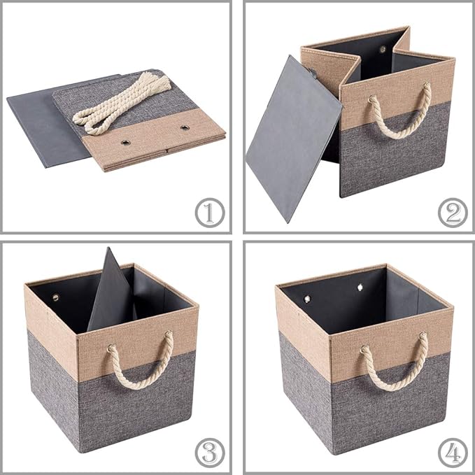PRANDOM Large Foldable Cube Storage Bins 13x13 inch [4-Pack] Fabric Linen Storage Baskets Cubes Drawer with Cotton Handles Organizer for Shelves Nursery Closet Bedroom Khaki-NeatNest