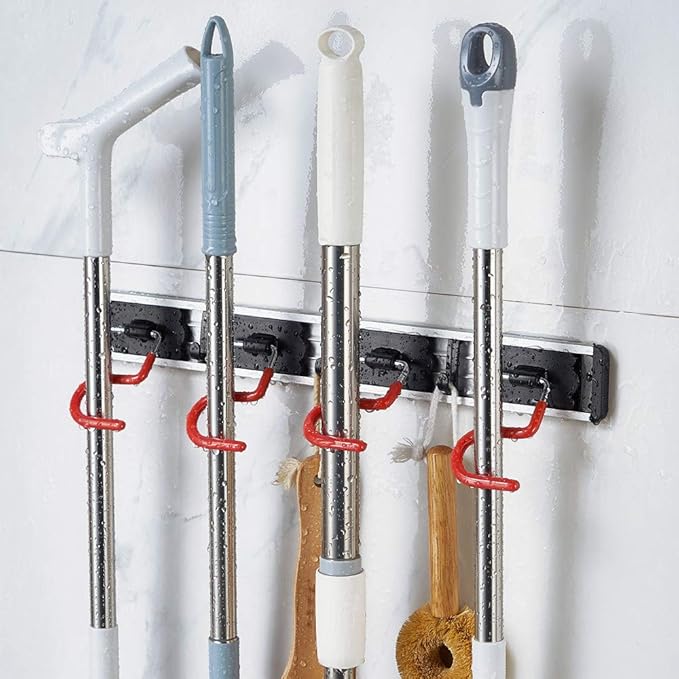 QBOSO Wall Mounted Mop and Broom Holder Stainless Steel S Type Broom Rack Anti-Slip Mop Organizer (17 Inches,4 Positions 3 Hooks, Red black)-NeatNest
