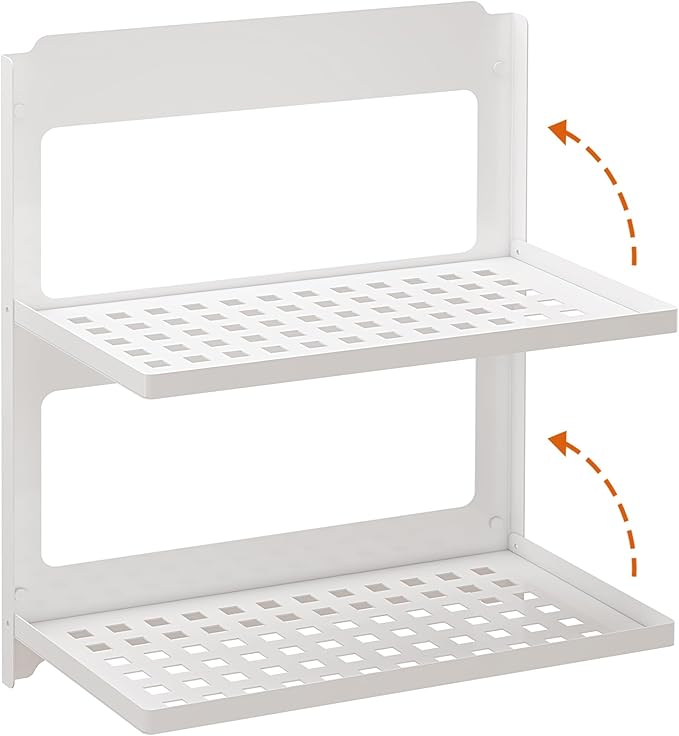 2-Tier Folding Metal Wall Shelf | Wall Mounted Stackable Floating Shelves | Fold Up 90° | Save Space | 13.4 Inch Wide | 2 Levels of Shelves for Laundry Room Bathroom Rv Utility Indoor (White)