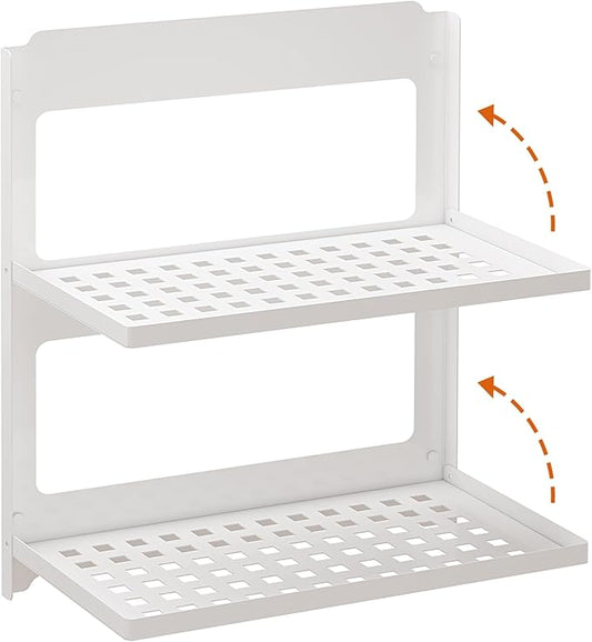 2-Tier Folding Metal Wall Shelf | Wall Mounted Stackable Floating Shelves | Fold Up 90° | Save Space | 13.4 Inch Wide | 2 Levels of Shelves for Laundry Room Bathroom Rv Utility Indoor (White)