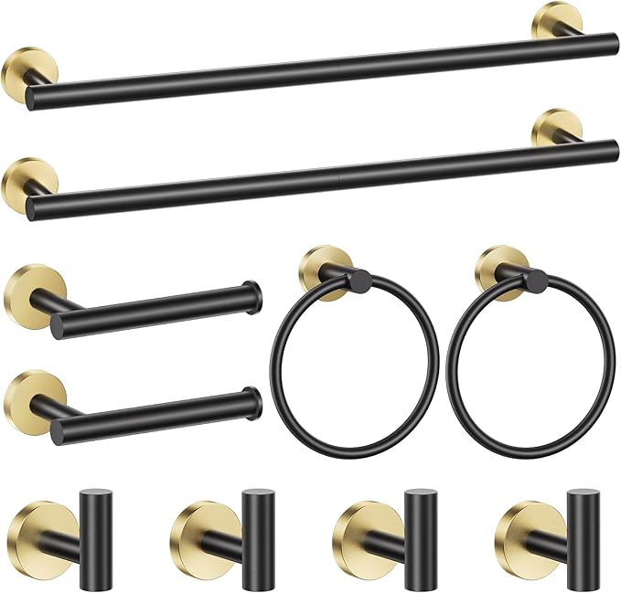 Black and Gold Towel Bar Set 10 Pieces Bathroom Hardware Accessories Set Include 23.6 in Towel Bar Towel Ring Towel Hook and Toilet Paper Holder Stainless Steel Wall Mounted-NeatNest