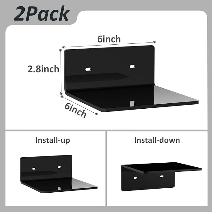 6 Inches Acrylic Small Wall Shelves 2 Pack, Floating Shelf for Wall Mounting, Acrylic Display Ledges for Funko Pop Figures, Home Décor, Living Room, Gaming Room, Plants(6 inch, Black)-NeatNest