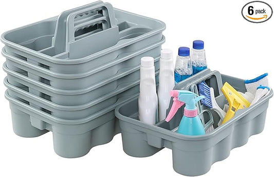 6-Pack Plastic Caddy for Cleaning Products, Caddy with Handle, Gray