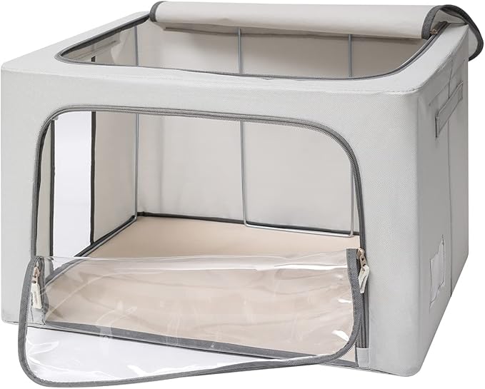 3Pack Frame Storage Box - Clothes Storage Bin Bags Oxford Fabric Foldable Stackable Container Organizer Set with Clear Window & Carry Handles (Grey, Extra Large-100L)-NeatNest