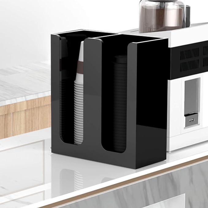 Richboom Acrylic Coffee Cup and Lid Storage Organizer Holder, 2 Compartments, Black-NeatNest