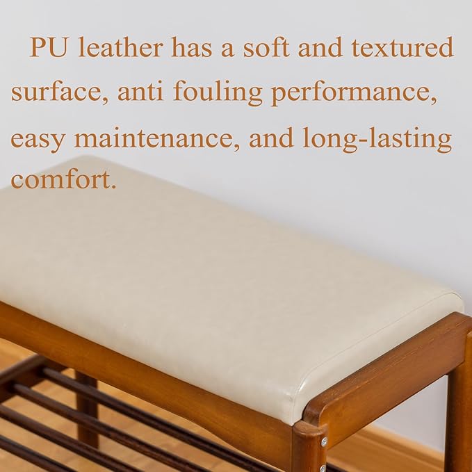 Shoe Bench, Entryway Bench, Wood 2-Tier Shoe Rack with Cushion Padded Seat Shoe Organizer (23.62",Beige)