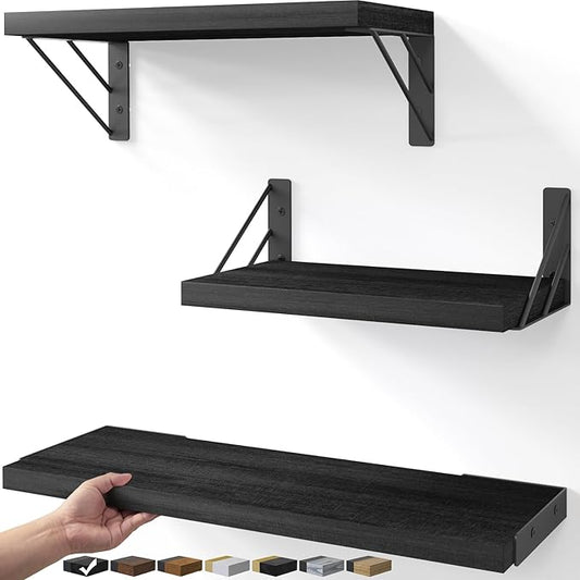 BAYKA Wall Shelves for Bedroom Decor, Floating Wall Shelves for Living Room Kitchen Storage, Wall Mounted Rustic Wood Floating Shelves for Kids Books, Corner Shelves for Bathroom, Office(Set of 3)-NeatNest