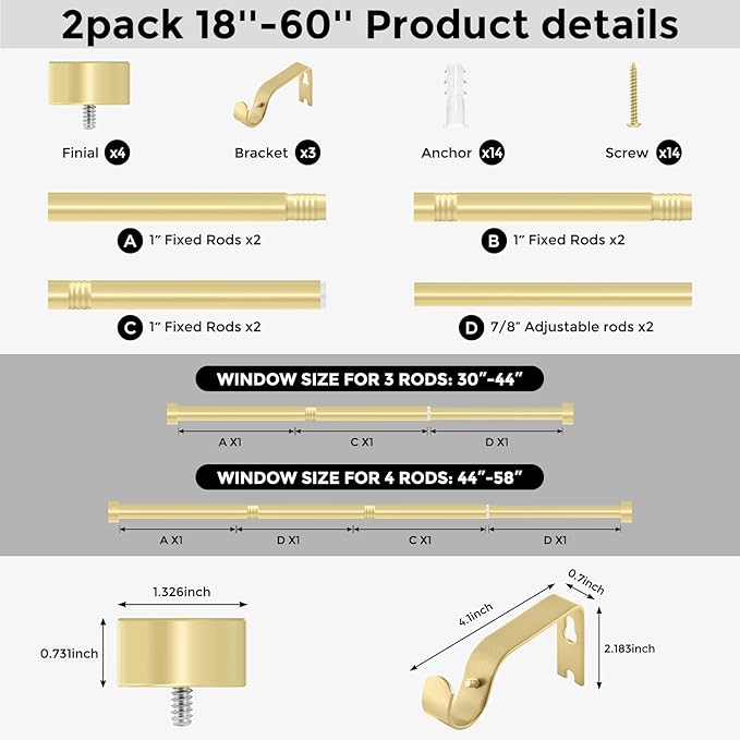 2 Pack Gold Curtain Rods for Windows 28 to 48 Inch(1.5-5 Feet),1" Diameter Drapery Rods with Modern Style End Cap Finials,Size:30''-60''