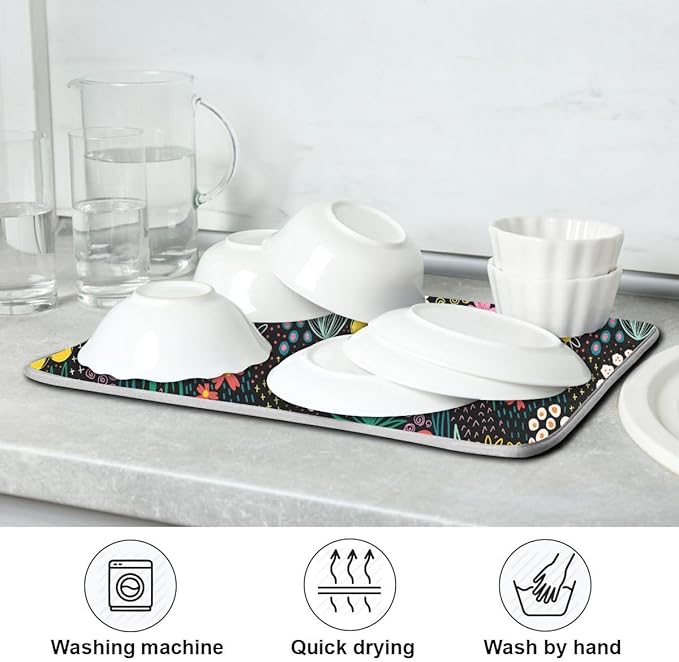 Colorful Floral Large Dish Mat Absorbent Drying Mats for Countertop 18 x 24 Inches Kitchen Dry Mat for Dishes-NeatNest