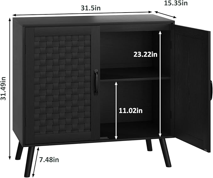 Black Buffet Sideboard Cabinet, Storage Cabinet with Handmade PVC Rattan Decor Doors, Wooden Coffee Station with Adjustable Shelf for Kitchen, Living Room, Entryway-NeatNest